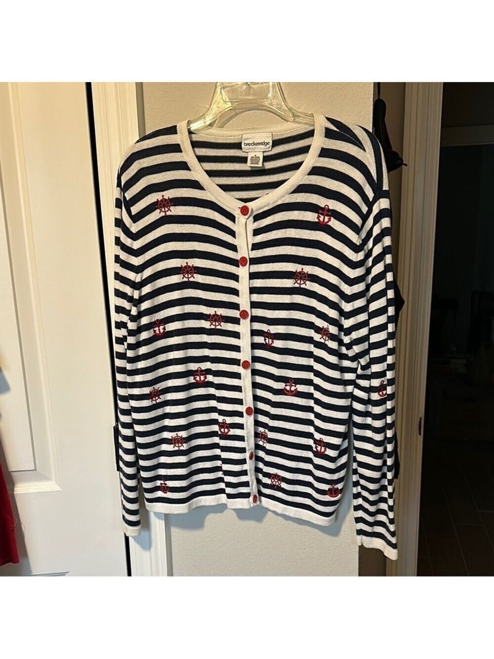 VTG Breckenridge women’s Cardigan Sweater. Blue white stripes, red accents Sz M